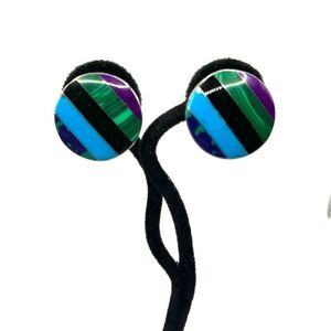 Sterling Silver Earrings Inlay Stone Colorful Gemstone Striped Clip on 925